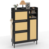 Garvee Freestanding Shoe Cabinet with 3 Flip Drawers and 5 Tier Shelves, Natural Rattan Organizer for Entryway Hallway Closet, Adjustable Shelves, Neutral Color - Black