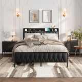 Garvee Full Size Bed Frame with PU Faux Leather, Button Headboard, Charging Station, Noise-Free, Stable, Black
