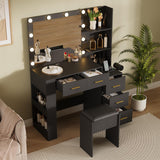 Garvee 41" Large Vanity Desk with 10-Bulb Mirror, Built-in Outlets, 3 Color Lighting Modes, 5 Drawers, Soft Cushioned Stool for Bedroom