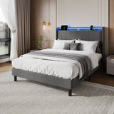 Garvee Full Bed Frame Metal Platform Bedframe with LED Upholstered Storage Headboard USB Charging Station Fabric Headboard Wooden Slats Support Modern Design - Grey