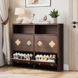 Garvee Slim Shoe Cabinet with 4 Flip Drawers, Narrow Freestanding Organizer for Entrance and Hallway, Brown, Wood with Flower Pattern & Diamond Handle - Brownish-Red