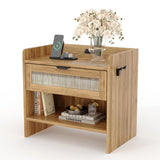 Garvee Rattan Nightstand With Type-C Charging, Drawer & Open Shelf, Wood Material, Boho Style, Walnut Color, Bedroom & Office Use - Walnut