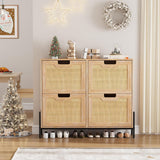 Garvee Slim Shoe Cabinet With 4 Flaps, 8 Shelves, Metal Legs, Oak Finish, Rattan Doors For Entryways 100x24x88cm Space-Saving Design - Eiche