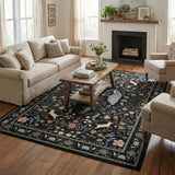 Garvee Floral 5x7 Area Rugs Washable Non Slip Low Pile Soft Indoor Floral Animals Accent Rug Black for Living Room Bedroom Nursery