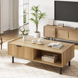 Garvee Center Table Fluted Coffee Table with Drawer 42.5" Mid Century Modern Center Table with Storage Living Room Table with Open Shelf Rectangle Coffee Table Metal Frame Easy Assembly