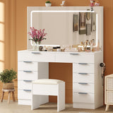 Garvee Vanity Desk with Large Mirror and Lights, Makeup Vanity Desk Set with Power Outlet, 10 Drawers Storage, White for Bedroom - White
