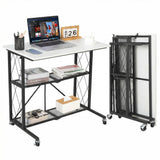 Garvee 31.5" 3-Tier Foldable Desk with Wheels, Large Capacity Metal Shelf Rack for Study Room, Kitchen & Living Room, Black - White