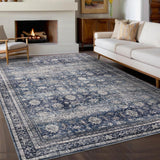 Garvee Oriental Blue 9x12 Large Area Rugs Vintage Floor Carpet with Non-Slip Backing, Machine Washable Oriental Distressed Living Room Rugs, Stain-Resistant Foldable Low Pile Rugs for Office, Bedroom - Blue