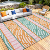 Garvee 9x12 Reversible Outdoor Rug Waterproof Camping Mat for Patio Deck Balcony Porch Lightweight UV Resistant Plastic Carpet - Orange/Green/Pink/White