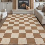 Garvee 8' x 10' Coffee Brown & Cream Easy Jute Checkerboard Area Rug, Washable Low-Pile Indoor Outdoor Rug for Living Room, Dining Room & Patio