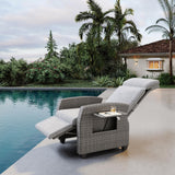 Garvee Outdoor Recliner with Independently Adjustable Backrest and Footrest, Patio Wicker Recliner Chair, All-Weather PE Wicker, Flip-Up Table, 155° Lay Flat, Black - Grey