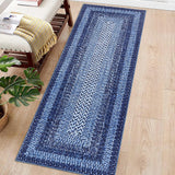 Garvee Navy Boho Kitchen Runner Rug 2x8, Washable Non Slip Low Pile Faux Wool Carpet, Vintage Braided Print Rug for Hallway Entryway Laundry Room