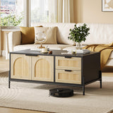 Garvee 40.9" Rattan Coffee Table with LED Lights, Storage Drawers, Metal Legs, Black+Oak for Living Room, Modern Farmhouse Style