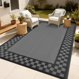 Garvee Checkered Outdoor Rug Waterproof Plastic Straw Rug 8x10 Grey for Patio Backyard Beach Deck Camper Balcony - Checkered-Charcoal Gray & Black