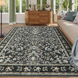 Garvee Washable Area Rug 9x12 Boho Floral Soft Non Slip Low Pile Carpet Black for Living Room Bedroom Dining Room Nursery Hallway