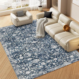 Garvee Washable Rugs 9x12 Rug Distressed Vintage for Living Room Bedroom Oriental Floral Office Rug Low Pile Neutral Soft Nursery Rug Non Slip Farmhouse Floor Cover Blue