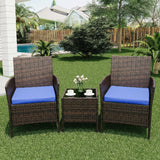 Garvee 3 Pieces Rattan Conversation Set with Tempered Glass Table, Outdoor Patio Furniture for Backyard Lawn Porch Poolside, Brown and Blue - Brown And Blue