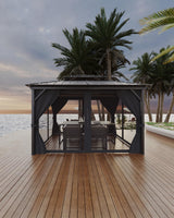Garvee Hardtop Gazebo Double Metal Roof Aluminum Alloy Frame 10 ft x 12 ft Gray for Patio Deck Backyard Lawn Garden - Black Spray + Gray Cloth Black Mesh