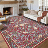 Garvee Vintage Bird Washable Rugs Red 9x12 Rug for Living Room Floral Bedroom Rug Modern Large Area Rug Non Slip Throw Rugs Soft Low Pile Stain Resistant Carpet for Dorm Dining Room Dorm