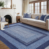 Garvee Rugs for Living Room 8x10 Boho Printed Washable Rug Navy - Modern Braided Area Rug Low Pile Non-Slip - Navy