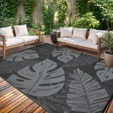 Garvee Outdoor Plastic Straw Rug 9x12 Waterproof Reversible Tropics Palm Leaves Botanical Patio Rug Black and Grey for Indoor Outdoor RV Camping Deck Backyard Patio Beach - Leaf|Black&Grey