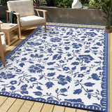 Garvee 6x9 Outdoor Rug Waterproof Vintage Floral Plastic Straw Camping Rug Foldable Lightweight Navy & White - Floral|Navy＆White