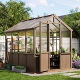 Garvee 6x8 FT Wooden Greenhouse with PC Panels, Adjustable Roof Vents & Lockable Door for Garden, Backyard, Patio, Lawn - Green, Large Spruce Frame - Dark Brown