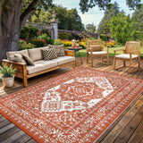 Garvee Outdoor Patio Rug 9x18 Waterproof Reversible Plastic Straw Mat Vintage Medallion UV Resistant Quick Dry Portable Carry Bag - Orange