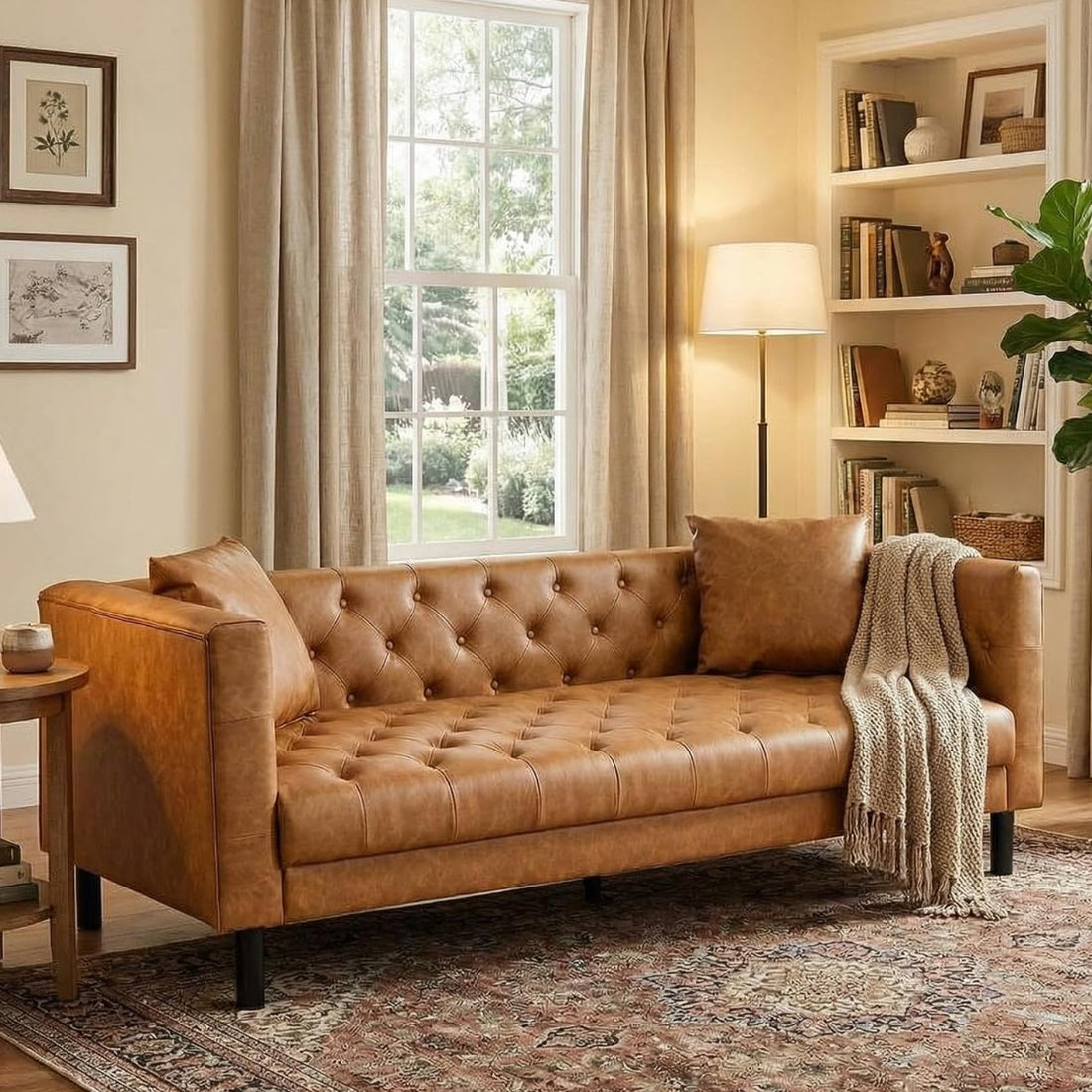 Garvee Modern Leather Couch for Living Room, 81" Chesterfield Sofa with Deep Seats and 2 Pillows, 3 Seater Sofa with Button Tufted, Sleeper Sofa for Apartment, Office, Brown