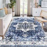 Garvee Area Rug 9x12 Non-Slip Vintage Rug Low Pile Rugs Washable Rug Indoor Floor Cover Print Distressed Carpet Non-Shedding Oriental Area Rug for Living Room Bedroom, 9’x12’, Blue