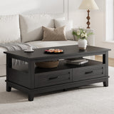 Garvee Farmhouse Coffee Table with Drawers Rustic Black Living Room Table 47.2 in with Open Shelf and 6 Support Legs
