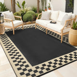 Garvee Waterproof Plastic Straw Outdoor Rug 9x12 Black - UV Resistant, Foldable Patio Mat for Deck, Picnic, Beach - Checkered-Black & Beige