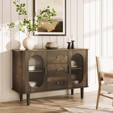 Garvee 47.2" Sideboard Buffet Cabinet with Fluted Glass Doors & 3 Drawers, Modern Farmhouse Coffee Bar, 47.24in Walnut - Walnut