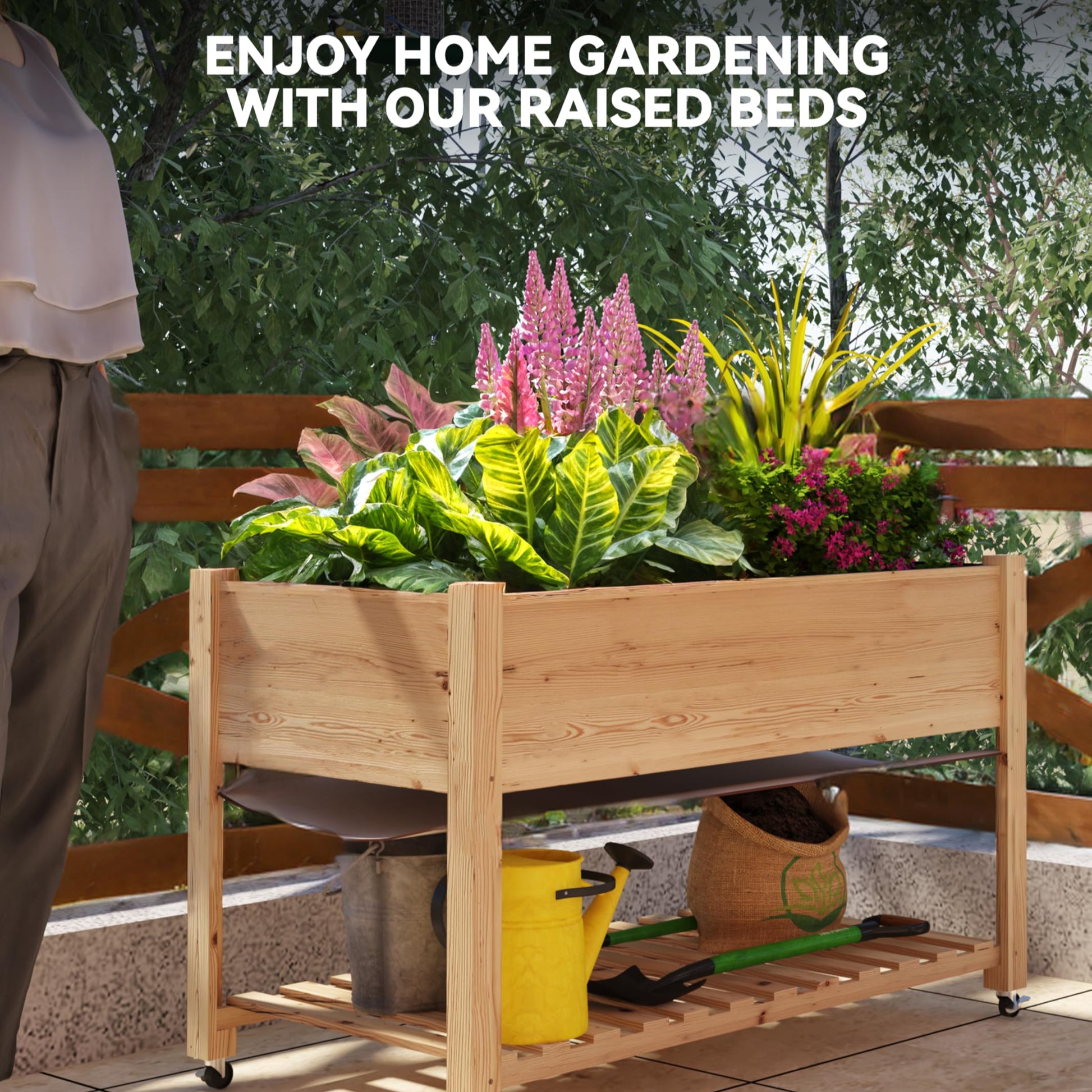 Garvee 48x24x30-Inch Mobile Elevated Garden Bed with Lockable Wheels & Storage Shelf, Tall Wood Planter Box, Acorn Brown