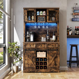 Garvee 71" Coffee Bar Cabinet with Power Outlet & LED Light, Farmhouse Large Kitchen Hutch with Sliding Barn Door, Tall Bar Cabinets with Storage Drawers & Wine Display Rack, Pantry China Cabinet - Rustic Brown