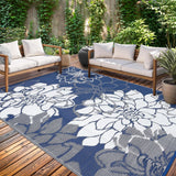 Garvee Outdoor Rugs 8x10 Waterproof Reversible Floral Design Plastic Straw Rug with UV Protection Non-Slip Lightweight for Patio RV Camping - Floral|Navy&White