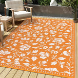 Garvee 5x8 RV Outdoor Rug Waterproof Floral Plastic Straw Rug Portable Bag Vintage Orange for Picnic Backyard Deck Balcony Porch Beach Camper - Floral|Orange