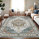Garvee Persian Camel Green 9x12 Area Rugs, Machine Washable Vintage Printed Soft Low Pile Rugs, Oriental Accent Carpet with Non-Slip Backing, Stain-Resistant Distressed Floor Carpet for Living Room, Hallway, Laundry