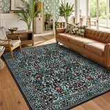 Garvee Floral Area Rugs 5x7, Washable Rug for Living Room, Bedroom, Black, Low Pile Non Slip Stain Resistant Indoor Carpet - B.Black