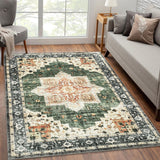 Garvee Washable Rug 5x7 Vintage Area Rug Soft Rug Non Slip Distressed Rug Low Pile Accent Throw Rugs Stain Resistant Indoor Floor Carpet for Living Room Bedroom, Green