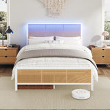Garvee Rattan Full Size Bed Frame with LED Lights, Boho Headboard, Heavy Duty Steel Support, White, Bedroom