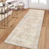 Garvee Bethroom Runner Rugs 2x8 Faux Wool Machine Washable Foldable Printed Area Rug Modern Distressed with Non Slip Design Stain Resistant Non Shedding Pet Friendly Carpet Perfect for Home Decor, Beige