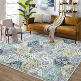 Garvee Area Rug 5x7 Moroccan Trellis Machine Washable Rug Vintage Medallion Distressed Floor Cover Carpet Stain Resistant Non-Slip Accent Rug Farmhouse Coffee Table Rug Decor, Blue/Yellow