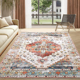 Garvee 9x12 Washable Boho Area Rug - Soft Polyester, Distressed Vintage Design, Non-Slip, Low Pile, Ideal for Living Room & Bedroom