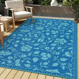 Garvee 6x9 Outdoor Patio Rug Floral Waterproof Vintage Plastic Straw RV Rug for Camping Picnic Backyard Dark Blue - Floral|Dark Blue