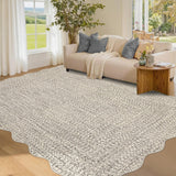 Garvee Imitation Braided Collection-Print Scalloped Washable Rugs Beige Gray 8x10 Area Rug for Living Room Soft Bedroom Rug Farmhouse Large Rug Non Slip Stain Resistant Carpet