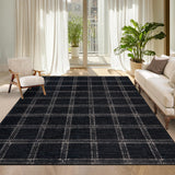Garvee Washable Checkered 9x12 Area Rug, Soft Non Slip Geometric Plaid Carpet for Living Room Bedroom, Ultra Thin Low Pile, Black - Plaid|Black