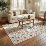 Garvee 8x10 Washable Area Rug, Non-Slip Floral Animal Print Rug with Peacock & Deer, Soft Low Pile Stain-Resistant Carpet for Living Room, Bedroom & Dining Room, Beige
