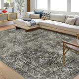 Garvee Persian Antique Green & Brown 9x12 Vintage Oriental Tribal Floral Washable Rug, Low Pile Non Slip Non-Shedding Carpet for Bedroom Living Room - Antique Green & Brown
