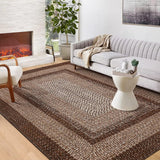Garvee Bordered Brown 8x10 Boho Printed Washable Rug, Modern Braided Low Pile Polyester Area Rug Non-Slip Non-Shedding for Living Room Bedroom Office - Brown
